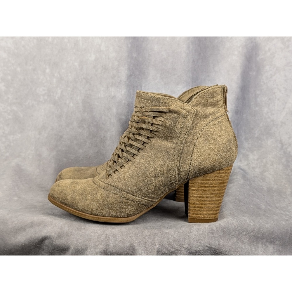 Fergalicious by Fergie Woven Lattice Ankle Boots Taupe Tan Block Heel‎ Booties